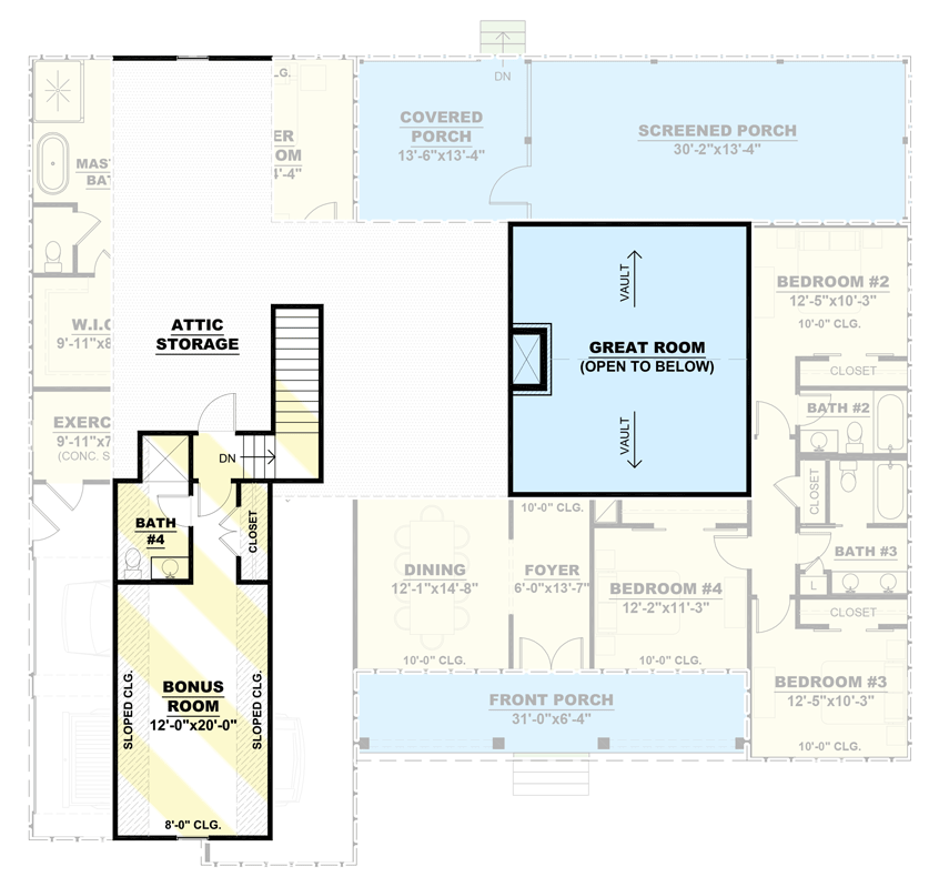 Plan 810005RBT: Split-bed New Traditional Home Plan with Double-sided Fireplace and Screened Porch - Floor Plan - Bonus Room - Country, Modern Farmhouse, New American, Ranch, Traditional