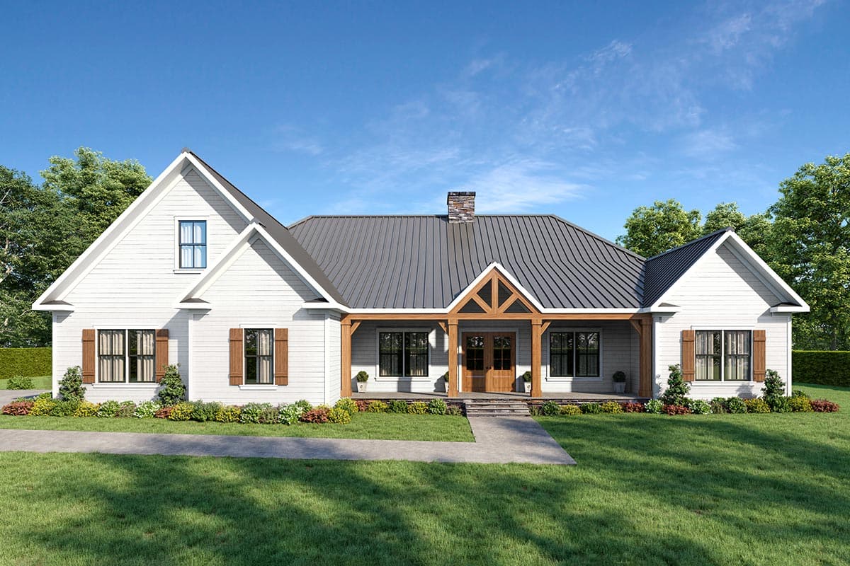 Modern Farmhouse house plan exterior with white siding, metal roof, covered porch with wood beams, and prominent gables.