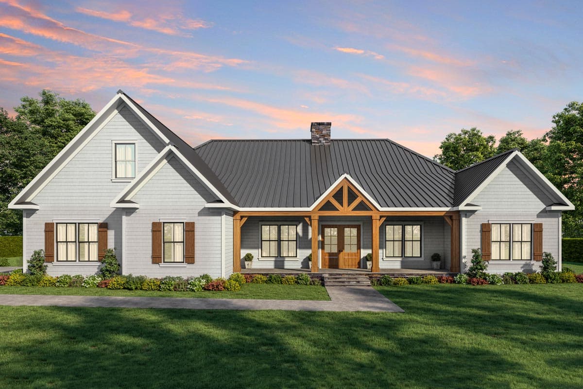 House plan exterior: Modern Farmhouse style, one story, features a gabled front porch with wood beams, stone chimney, and metal roof.