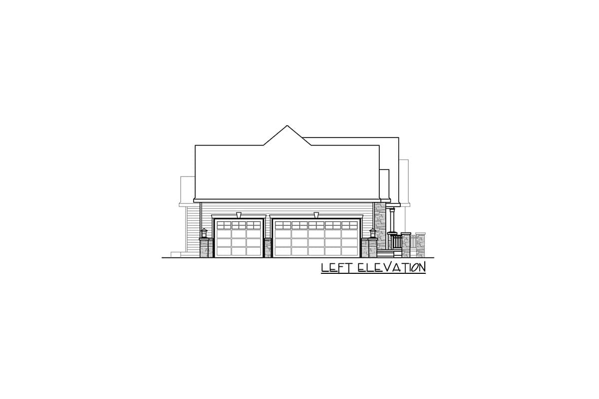 Left elevation house plan with a two-car garage, gabled roof, stone accents, and covered porch.