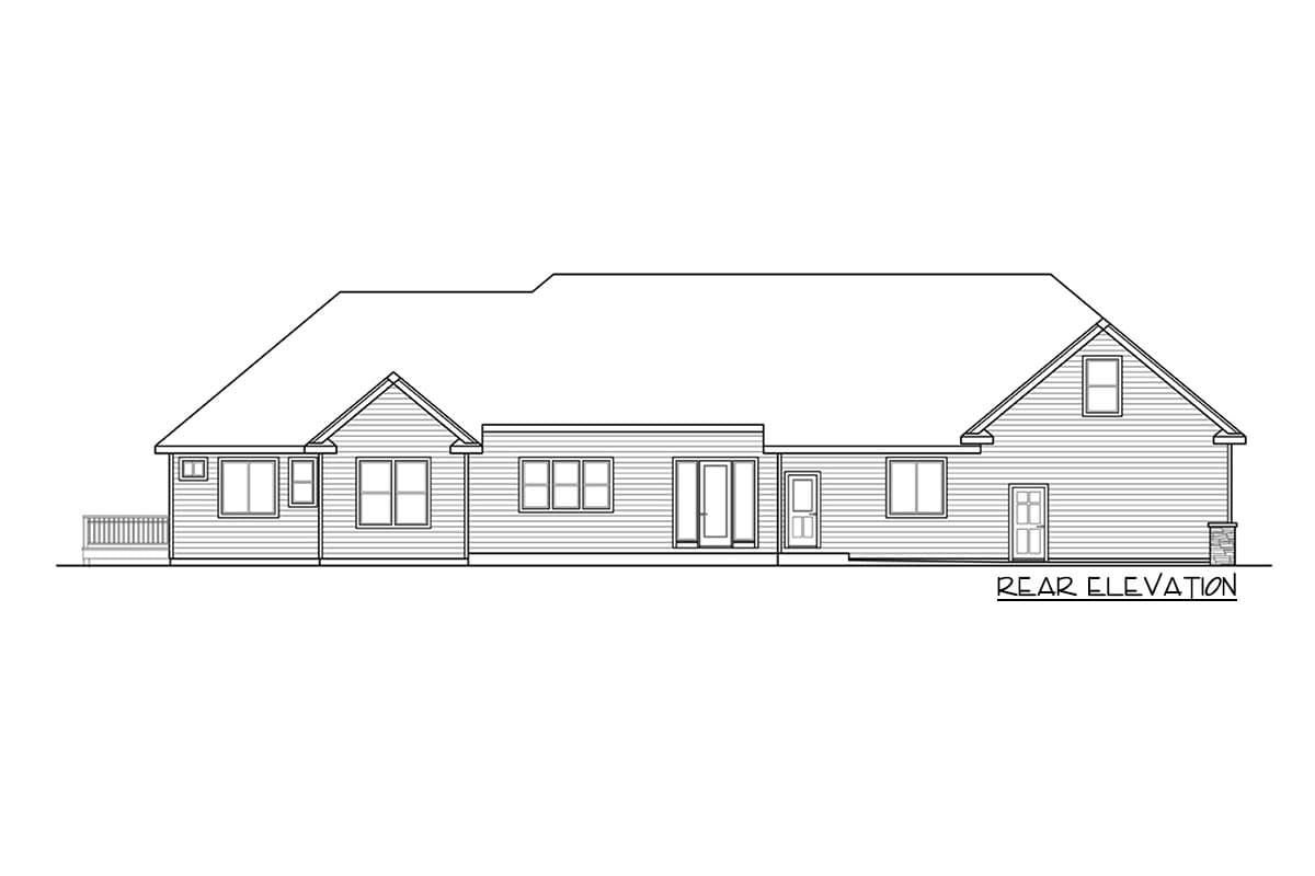 Rear elevation drawing of a single-story house plan with multiple gables, numerous windows, and two doors.