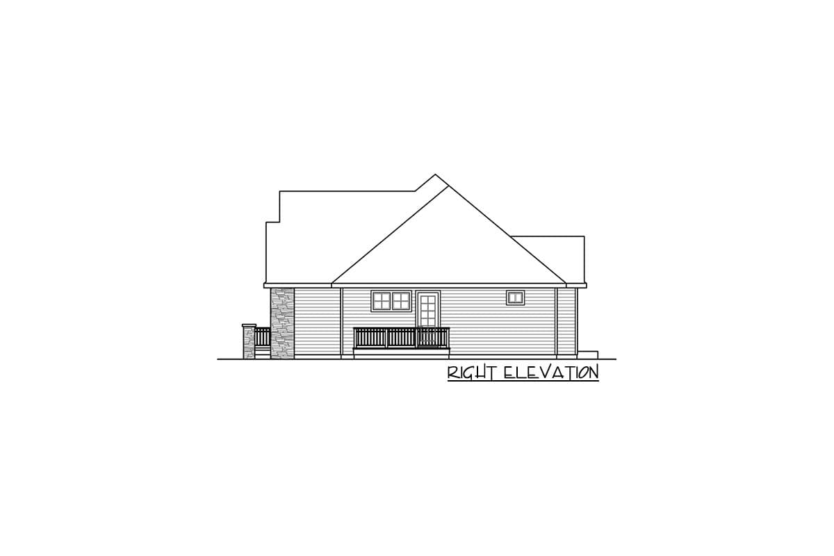 Right elevation drawing of a house plan with siding, stone accents, deck, and gable roof.