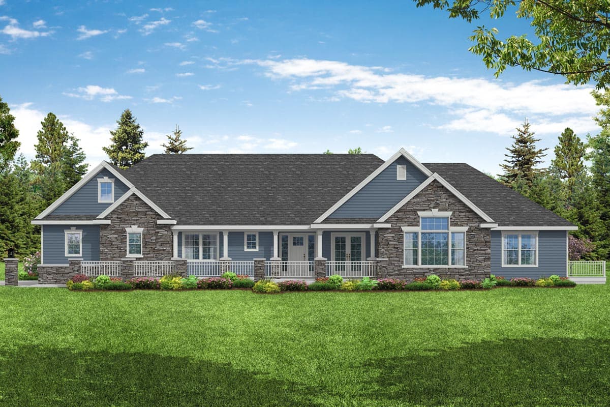 House plan exterior. Ranch-style home with stone and blue siding, front porch, multiple gables, and a dark shingle roof.