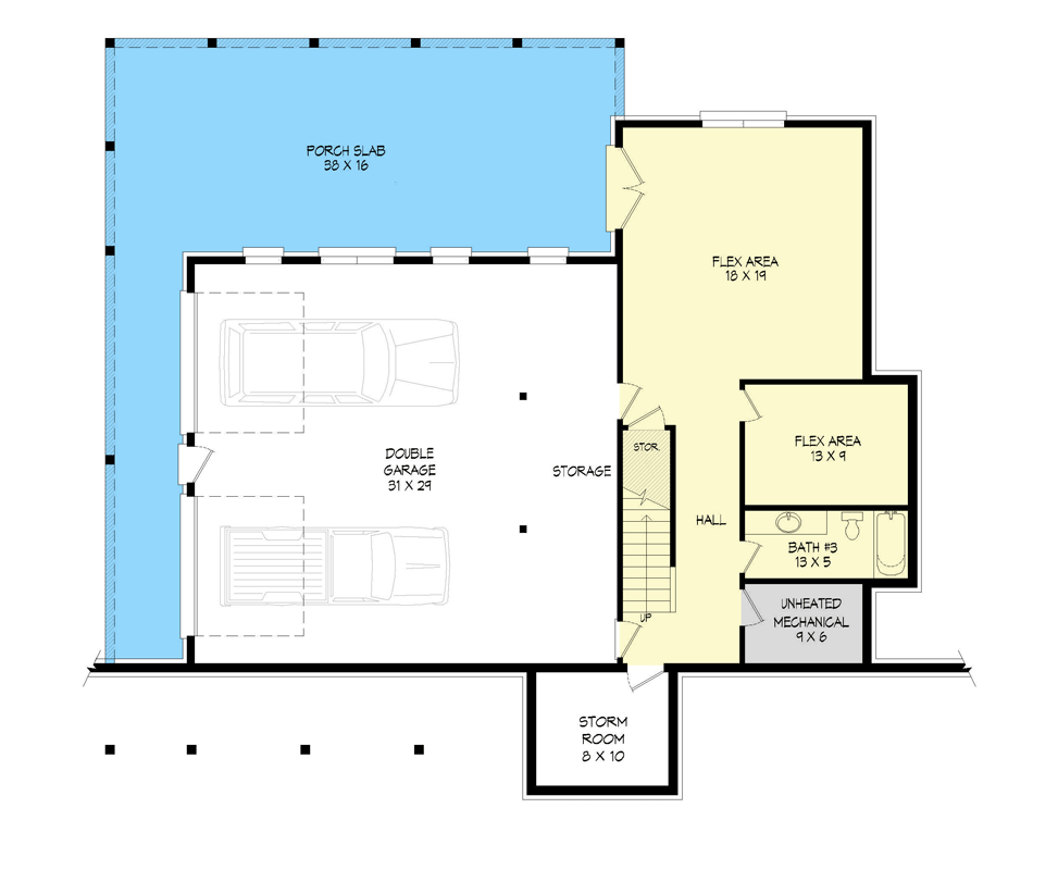 Plan 68984VR: Country Farmhouse with Wraparound Porch and Drive-under Parking - Floor Plan - Lower Level - Country, Farmhouse, Rustic