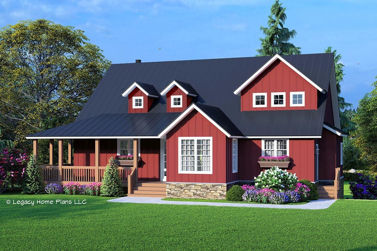 House plan exterior with Craftsman style, two stories, front porch, dormers, and a gabled roof.