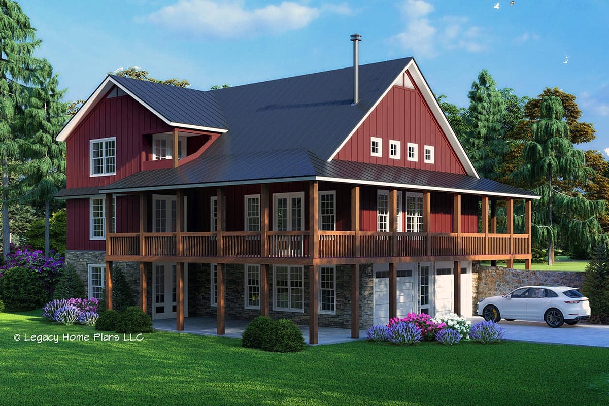 House plan exterior: Two-story Modern Farmhouse with wrap-around porch, gables, and stone foundation.