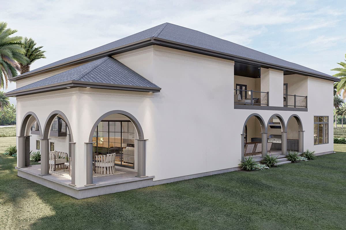 Two-story house plan exterior with arched covered patios, a second-story balcony, and a hip roof.