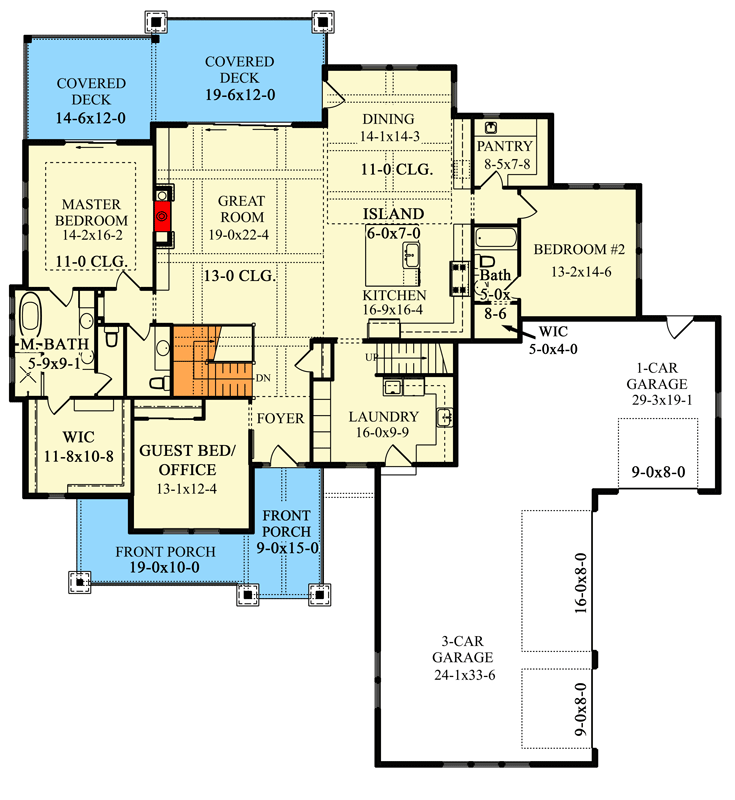 Plan 95159RW: New American Home Plan with Home Office and 2 Rear Covered Decks - 2580 Sq Ft - Floor Plan - Main Level - Craftsman, Mountain, New American, Northwest, Rustic