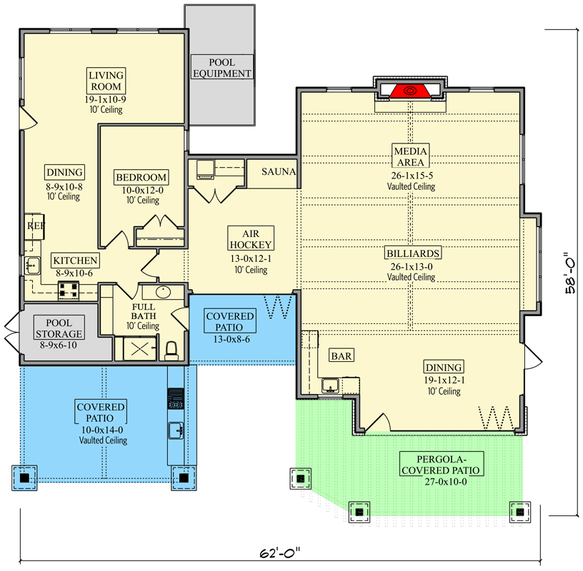 Plan 95161RW: Deluxe Pool House Plan with Game Room and Sleeping Quarters - Floor Plan - Main Level - Country, Craftsman, Mountain, New American, Rustic