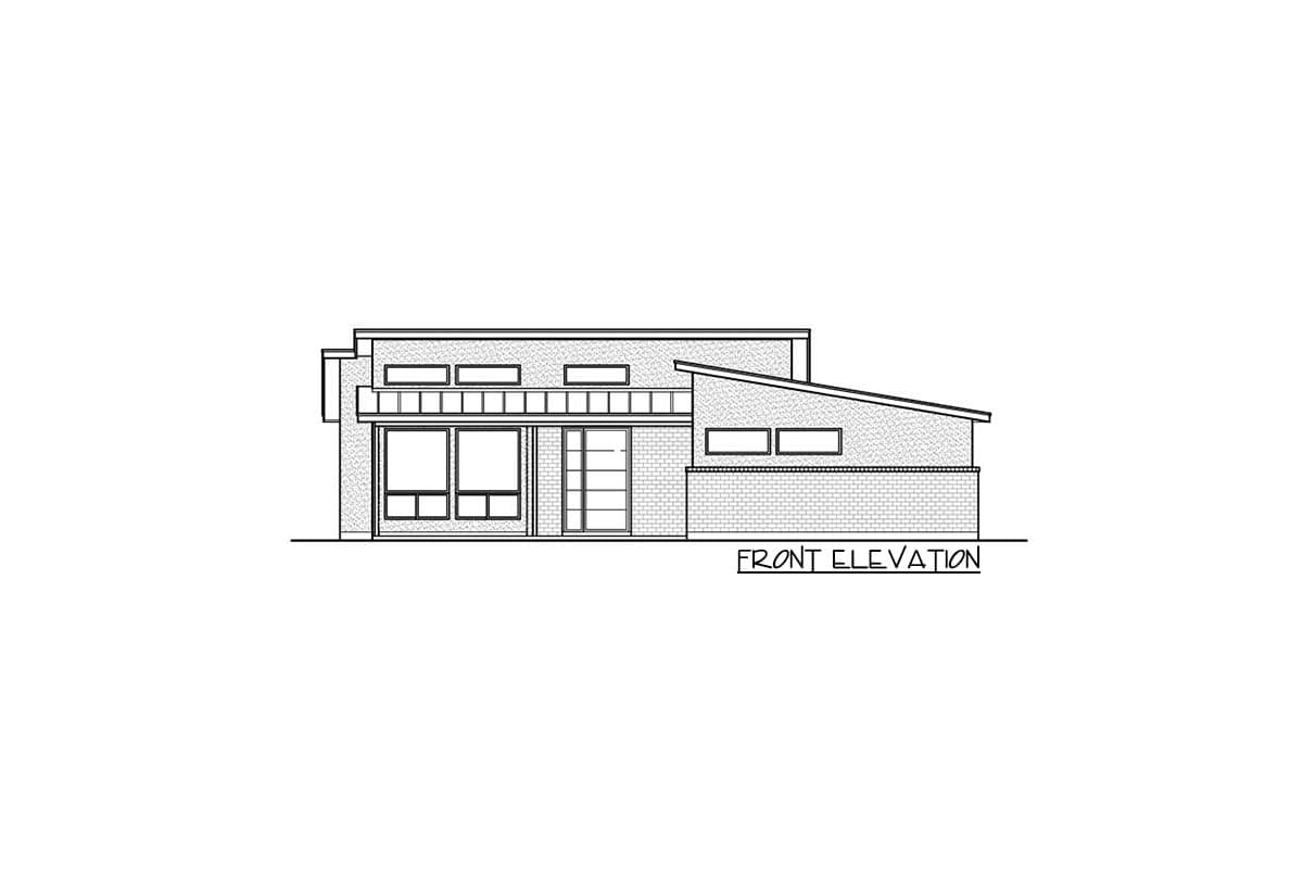 Front elevation drawing of a single-story house with a flat roof section and a sloped roof section, featuring various window arrangements.