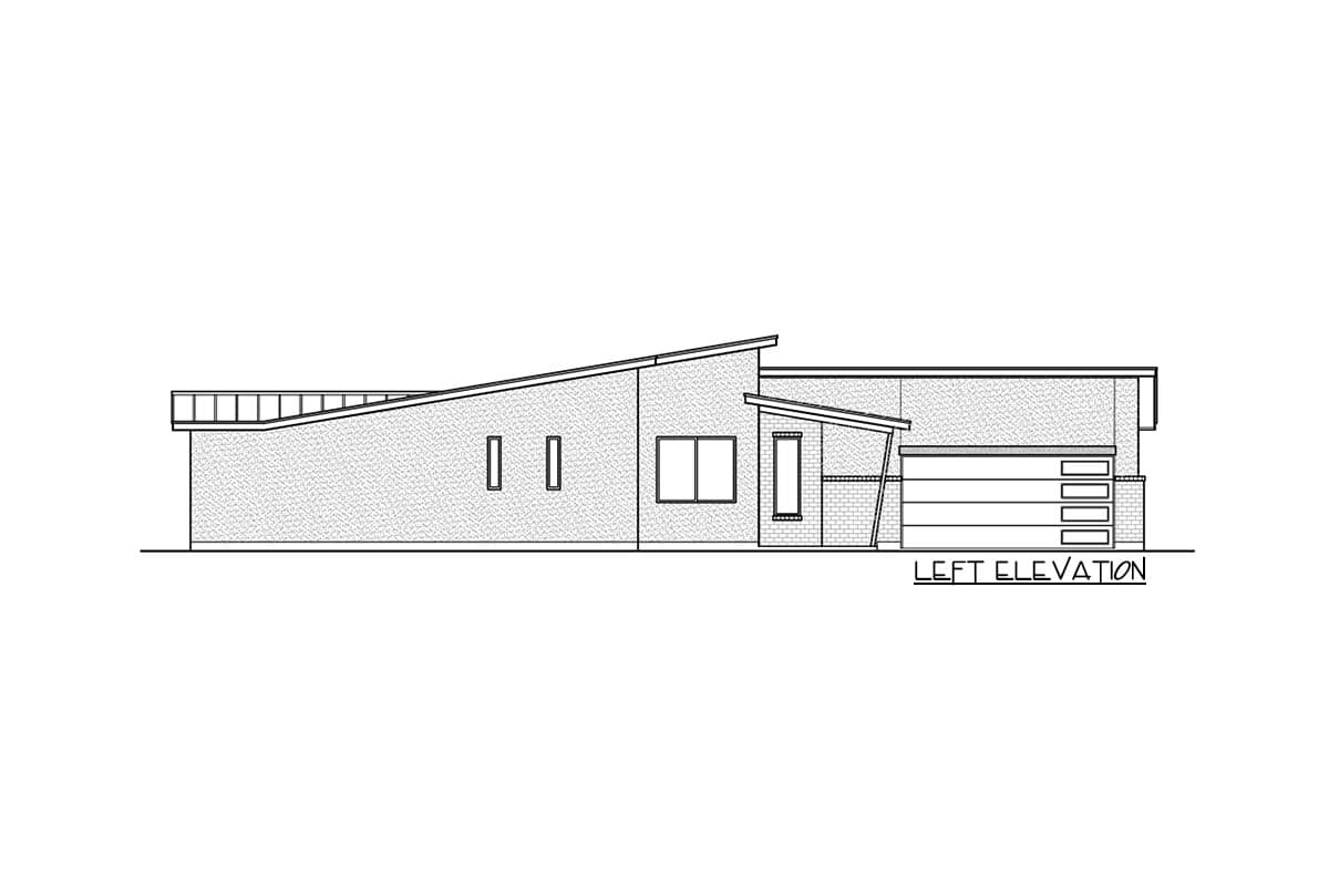 Left elevation of a single-story house plan with a sloping roofline, multiple windows, and a four-car garage.