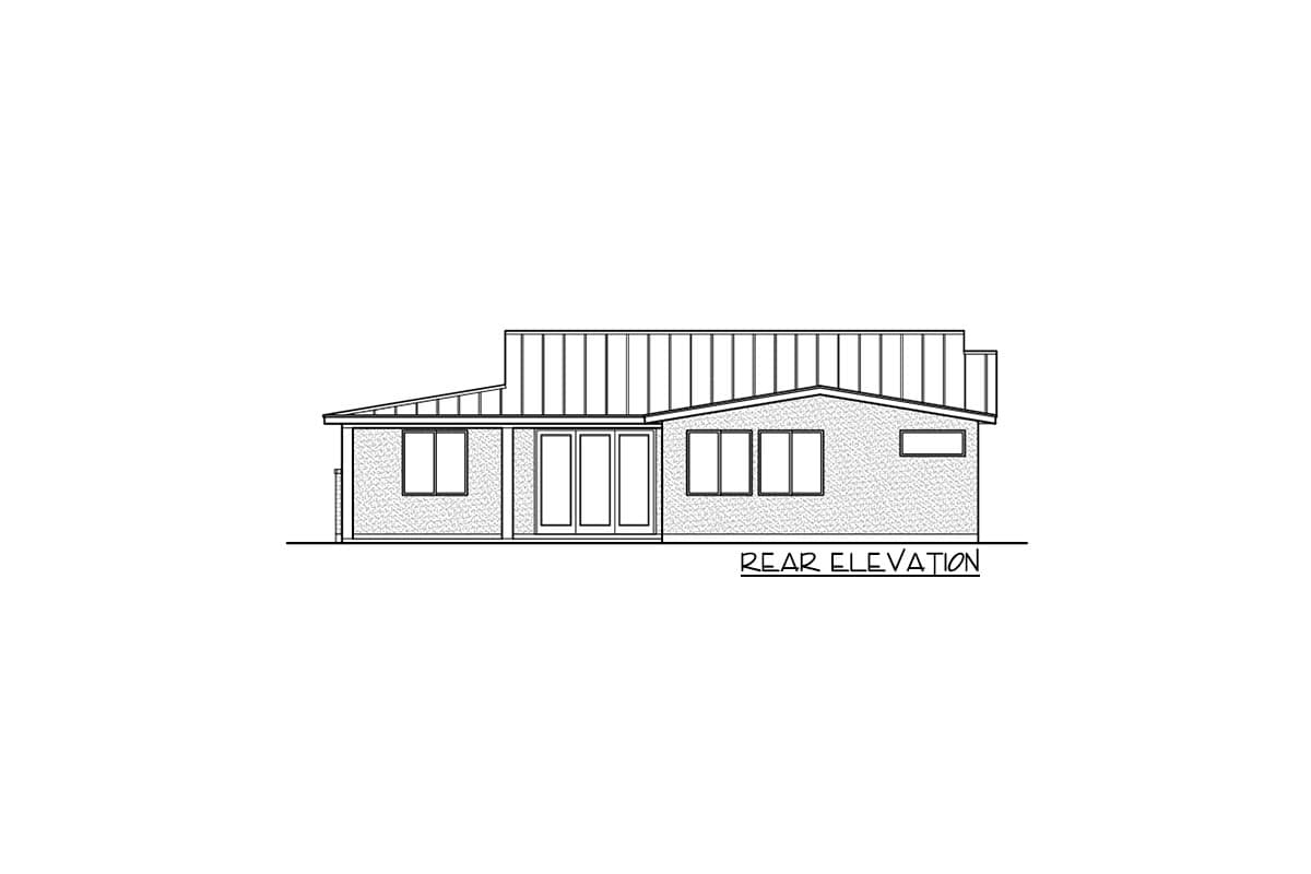 Rear elevation drawing of a single-story house with a multi-level roof, large windows, and folding doors.