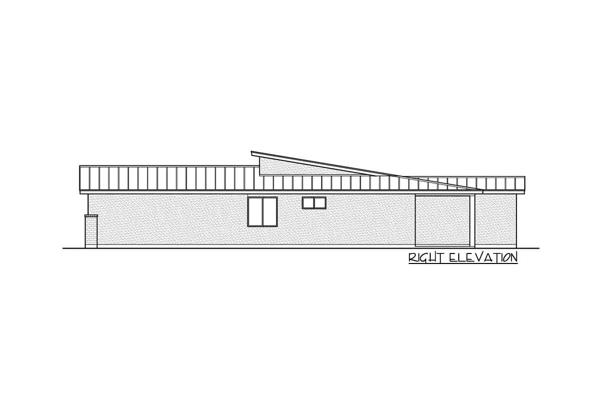 Right elevation drawing of a house with a low-slope roofline, horizontal siding, and two windows.