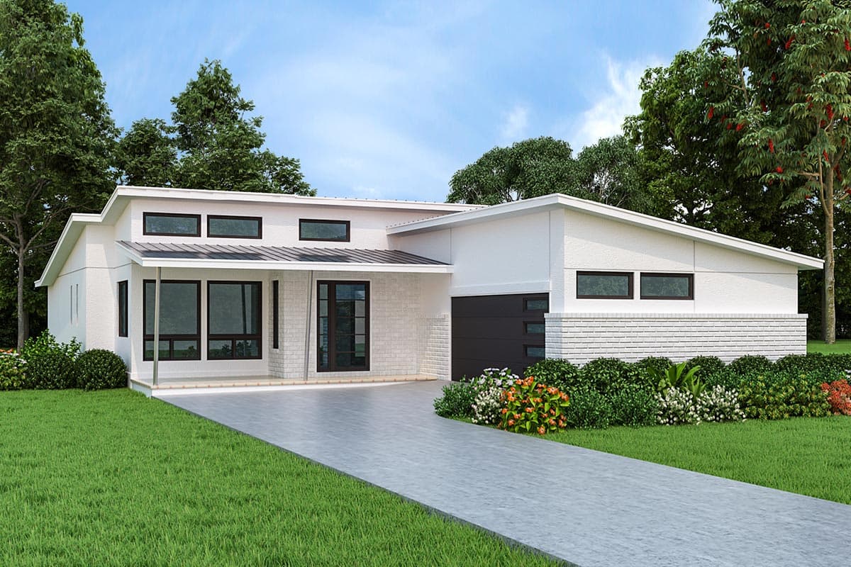 House plan exterior. Modern style, single-story house with a flat roof, horizontal windows, and attached garage. Driveway leads to house.