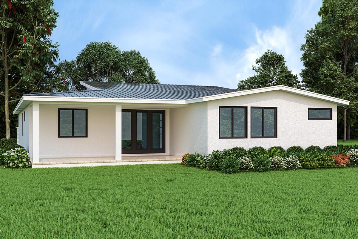 House plan exterior: single-story modern home with a covered porch, large windows, and a metal gable roof.