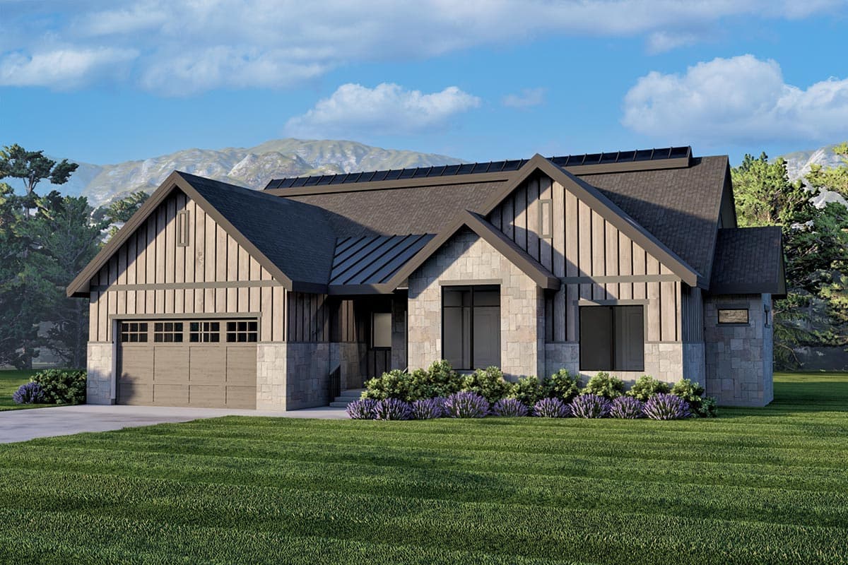 House plan exterior featuring a single-story design, a garage with gabled roof, vertical siding, and stone accents. Mountain backdrop.