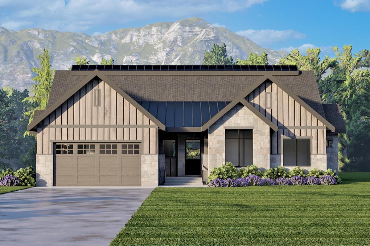 House plan exterior: Modern Farmhouse style, single story with gable roof, stone and vertical siding, and a front-facing garage.