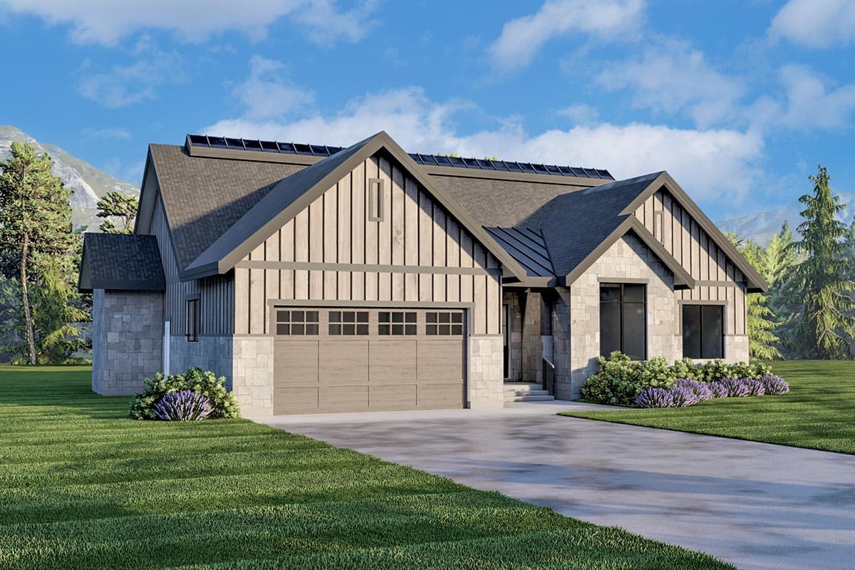 House plan exterior features stone and wood siding, a multi-level roof, and a three-car garage with stone accents.