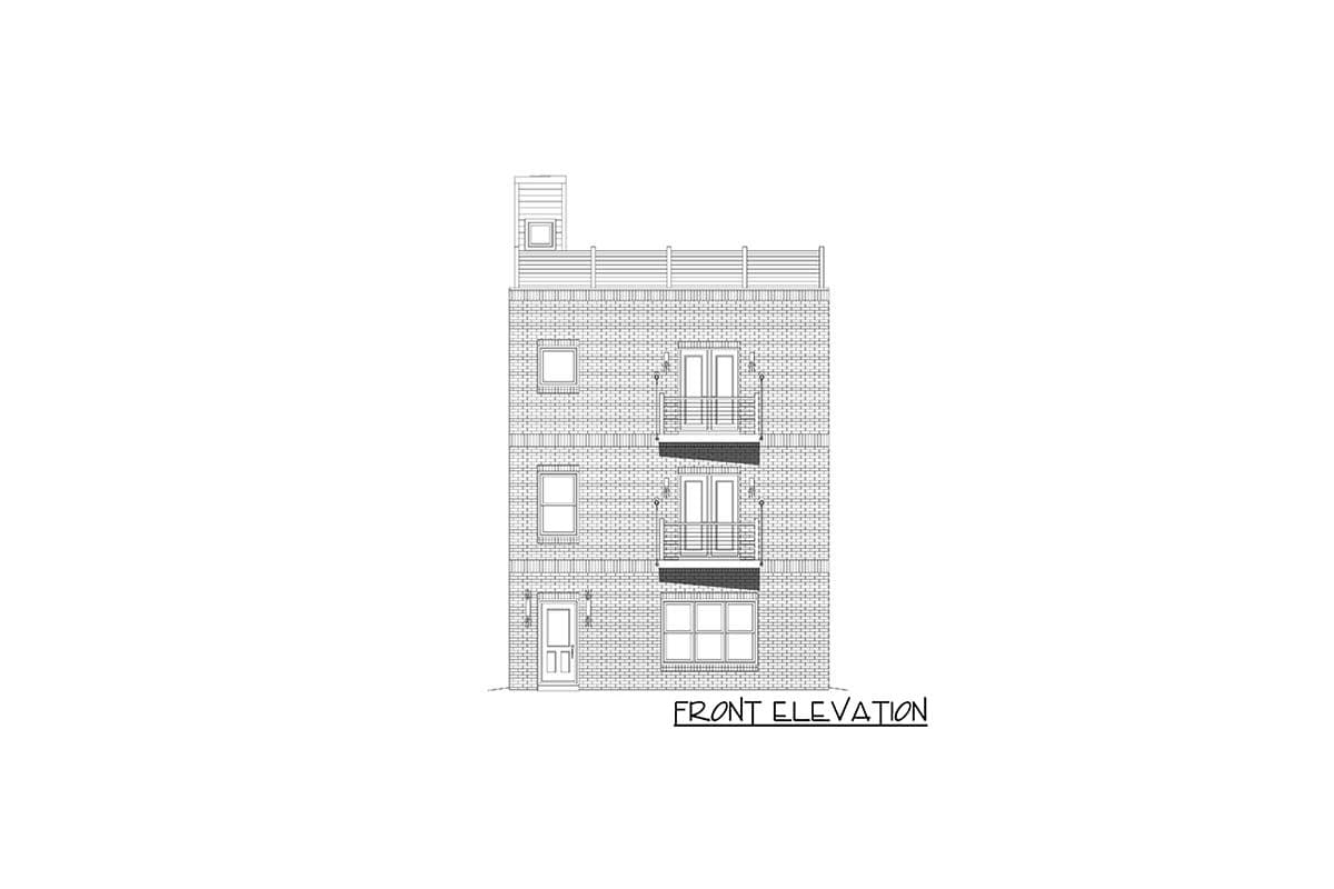 Front elevation drawing of a three-story house plan with brick facade, balconies, and rooftop deck.