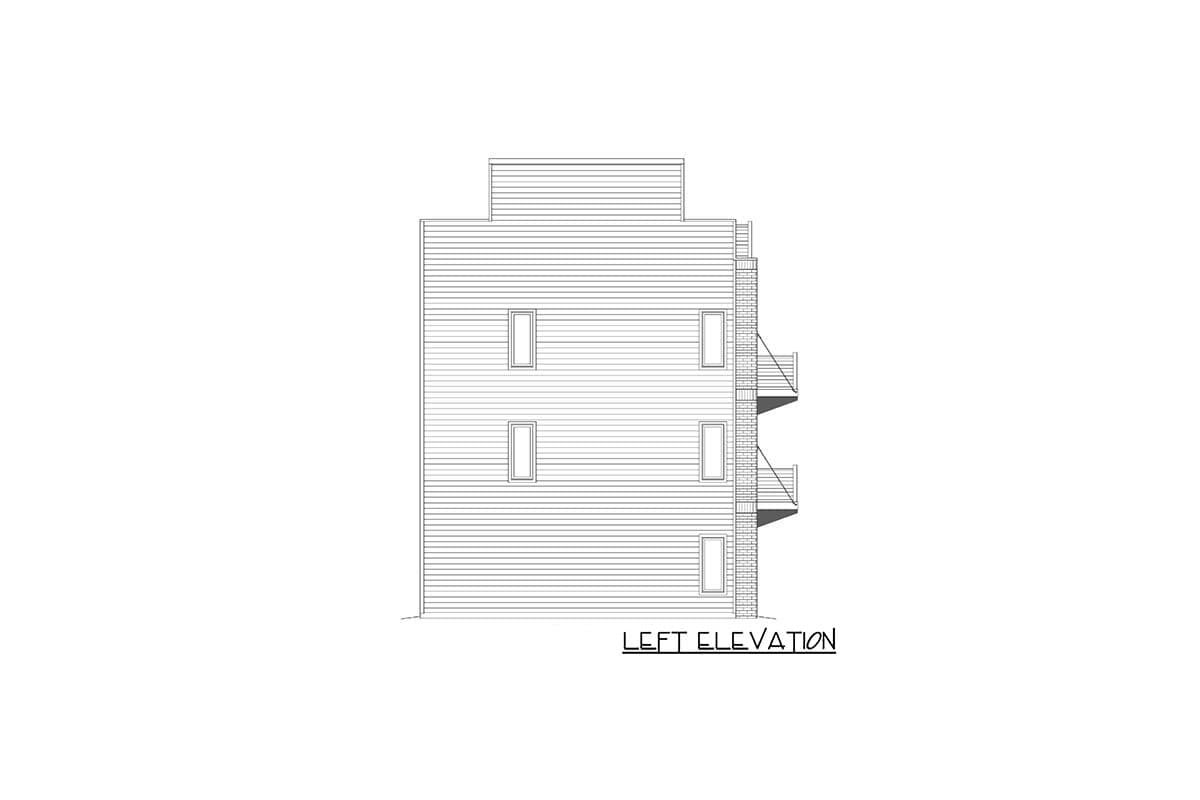 Left elevation drawing of a three-story house plan featuring horizontal siding, multiple windows, and two balconies.