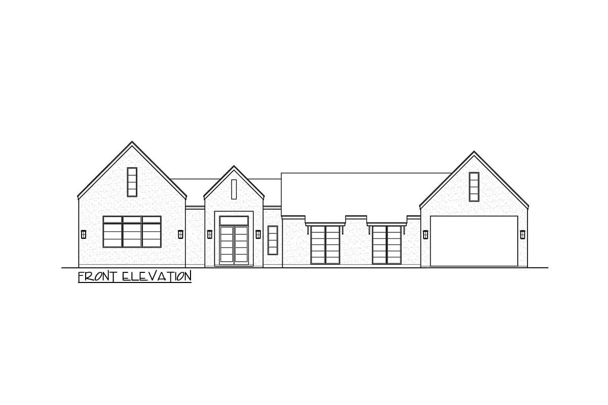 Front elevation house plan showing a single-story home with a central gable entrance, multiple window sets, and an attached garage.