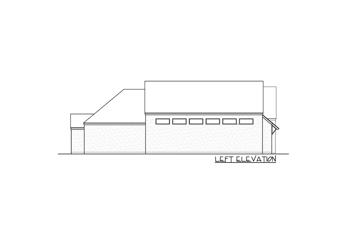 Left elevation house plan drawing showing brick facade, multiple rooflines, and clerestory windows.