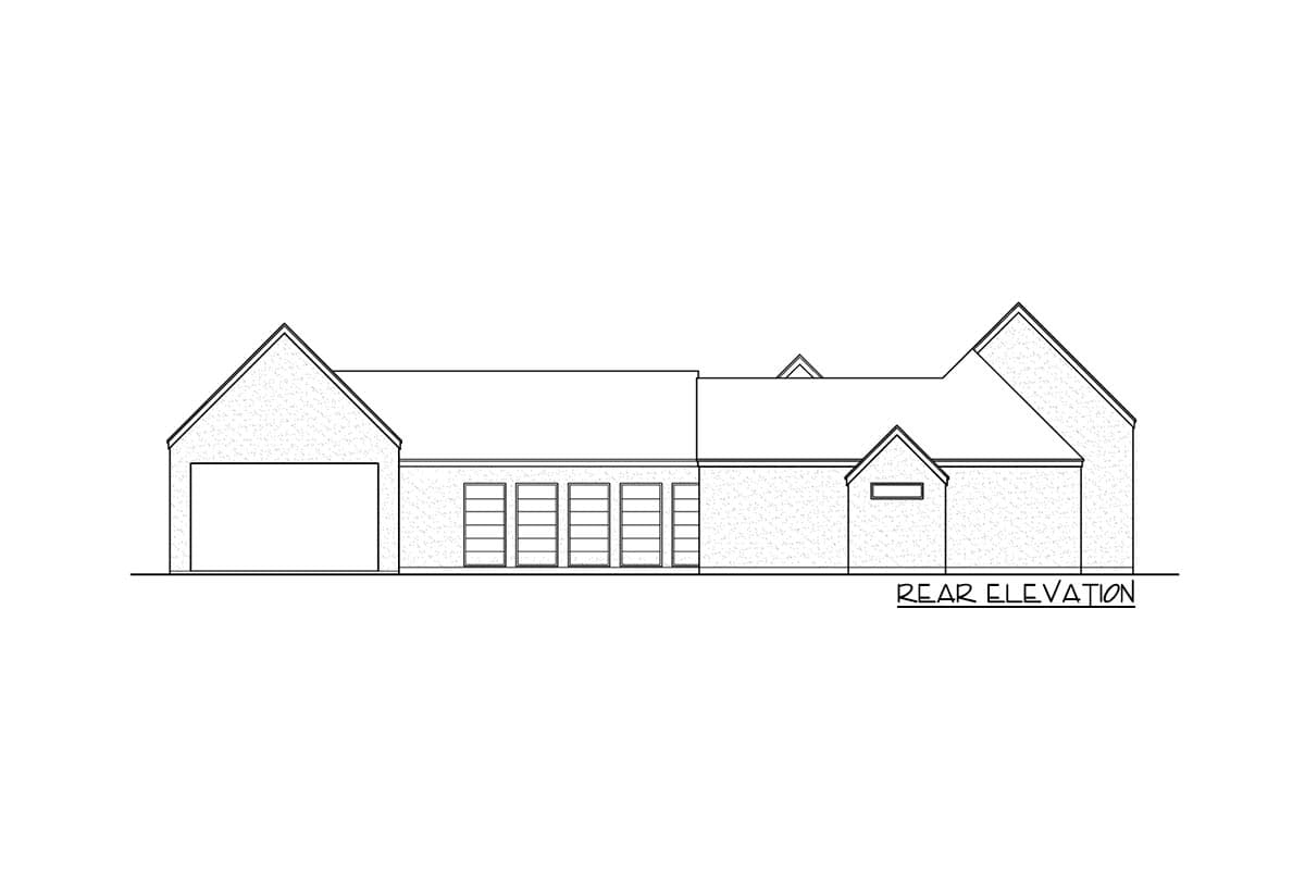 Rear elevation drawing of a house plan featuring a gable roof, attached garage, multiple windows, and a dormer.