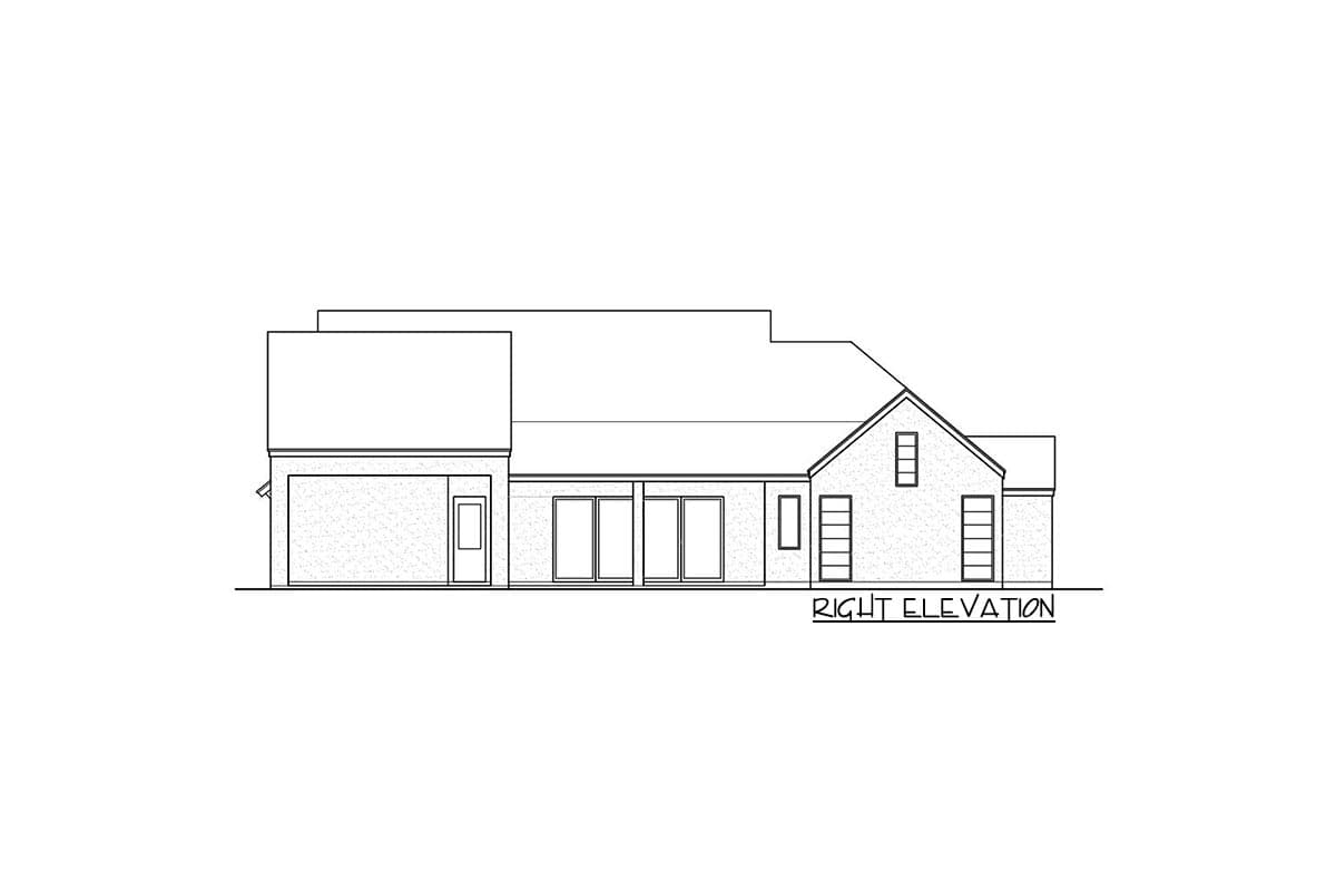 Right elevation drawing of a house plan. Features a garage, large windows, and gabled dormer.