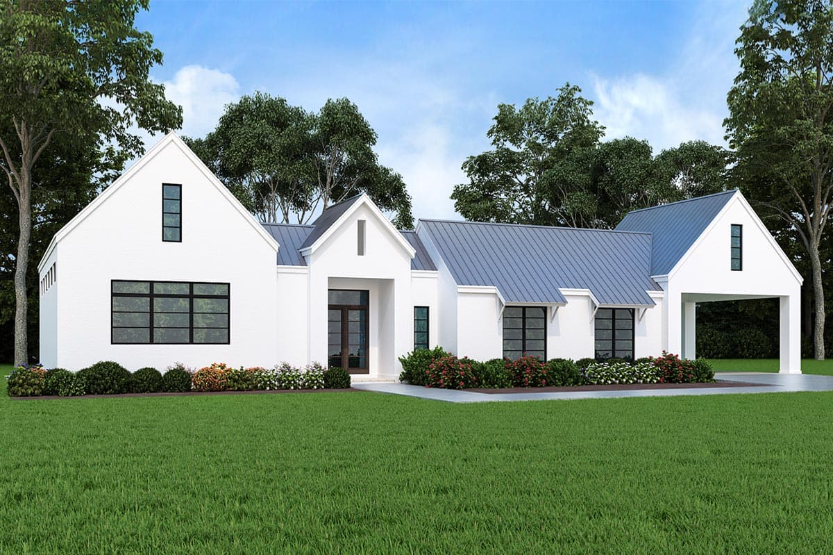 House plan exterior with Modern Farmhouse style. Features include multiple gables, shed roof over entry, and an attached carport. Single story.