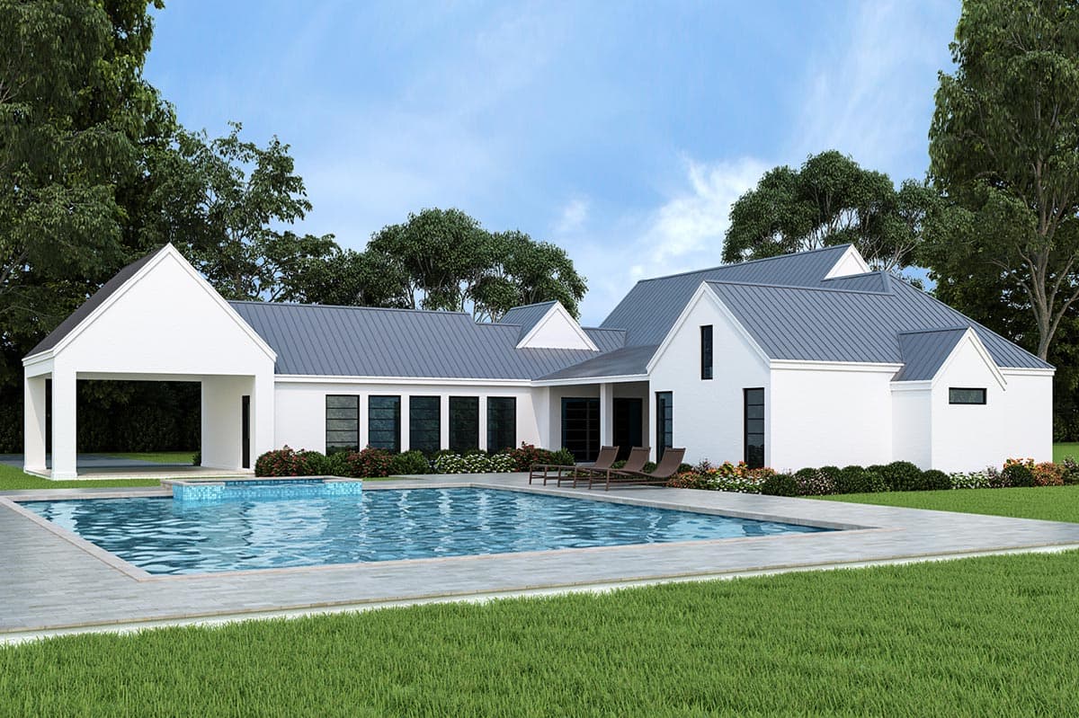 House plan exterior: Modern Farmhouse style, single-story, metal roof, covered carport, and swimming pool.