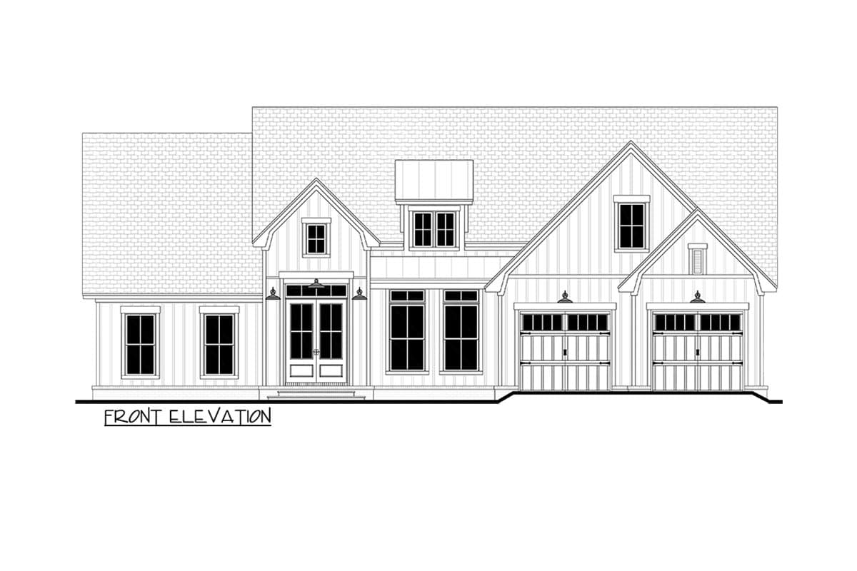 Front elevation drawing of a one-story Modern Farmhouse plan with gables, dormer, double front doors, and a three-car garage.
