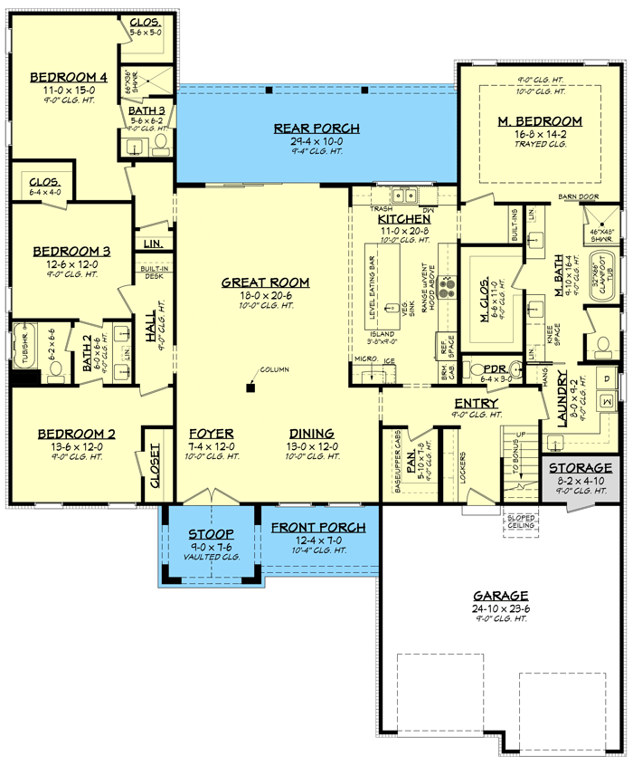Plan 51911HZ: 4-bed New American Farmhouse with Open Concept Design - Floor Plan - Main Level - Country, Farmhouse, Modern Farmhouse, New American