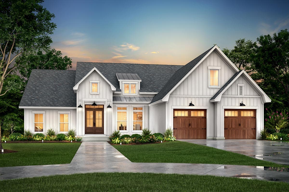 House plan exterior featuring a two-story Modern Farmhouse design with gabled roof, dormers, and attached two-car garage.