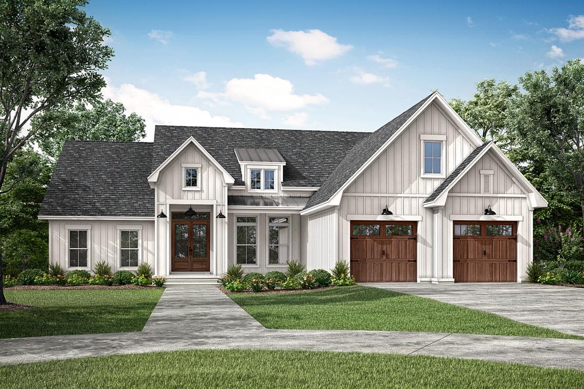 Modern Farmhouse house plan exterior with white board-and-batten siding, dual garage doors, and prominent gables.