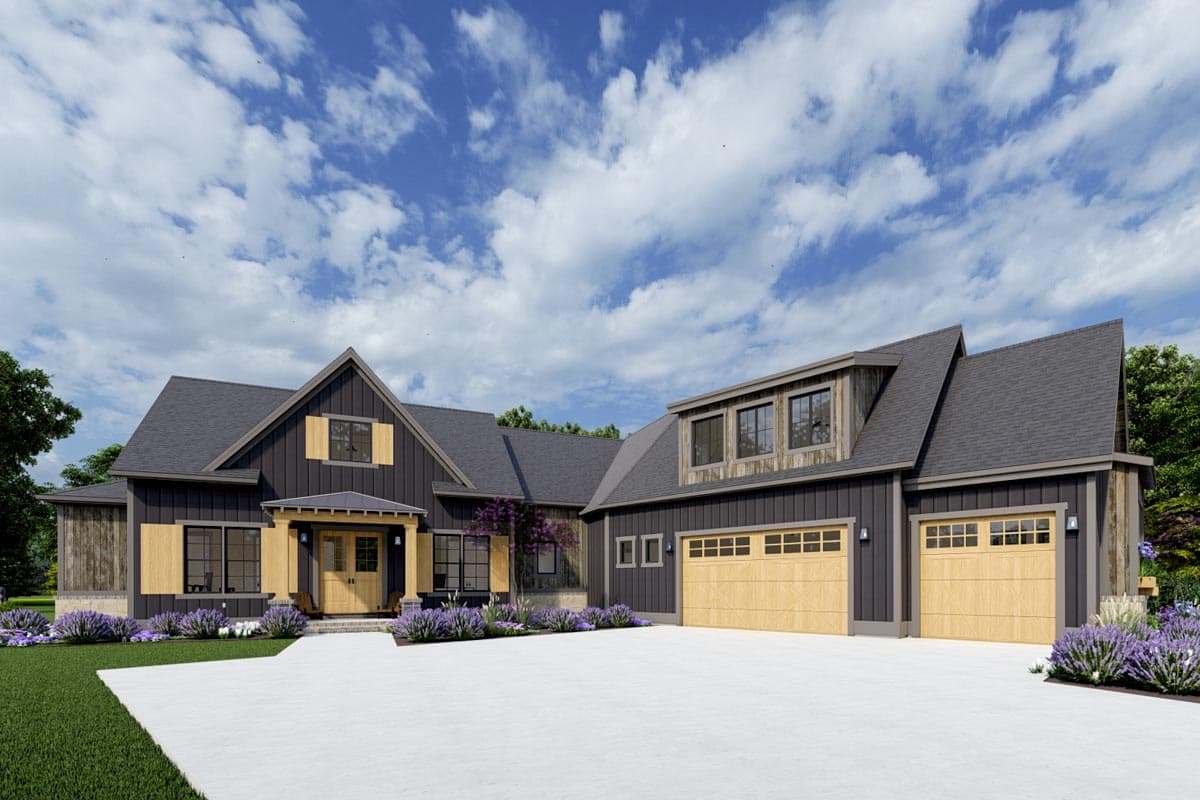 House plan exterior. Modern Farmhouse with two stories, gabled roof, dormers, and a two-car garage. Features a covered porch.