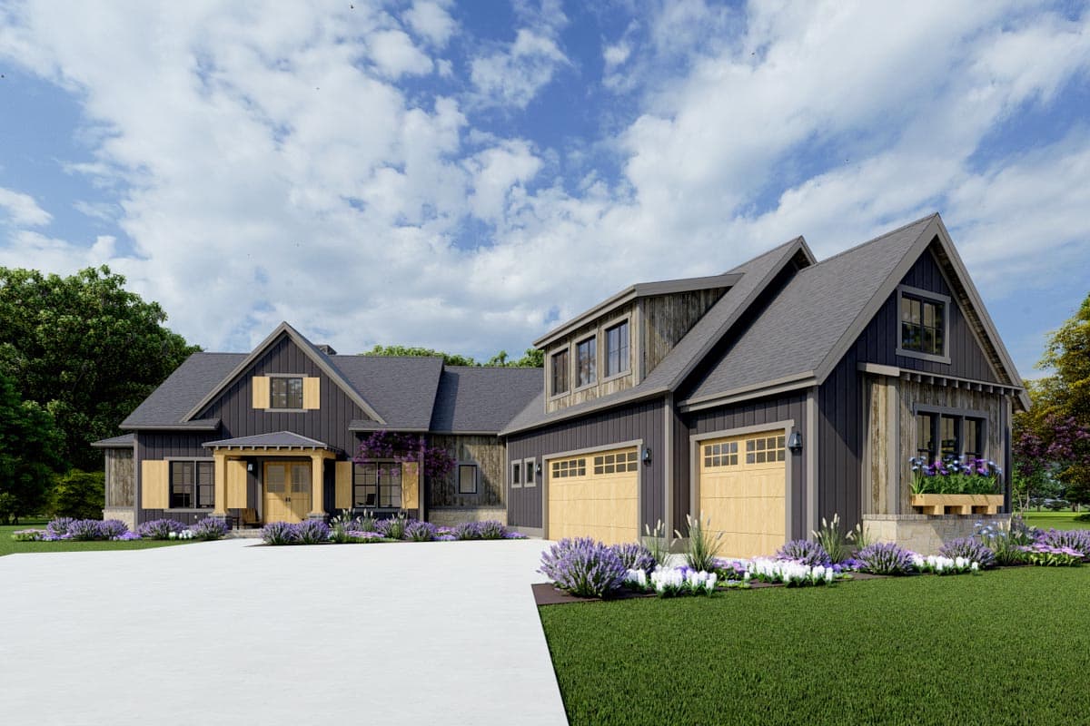 Modern Farmhouse house plan exterior with a prominent gable, dual garage doors, dormer windows, and a covered entry.