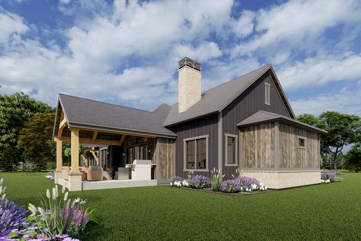 House plan exterior: Modern Farmhouse style, 1.5 stories, with covered patio, stone chimney, and board-and-batten siding.