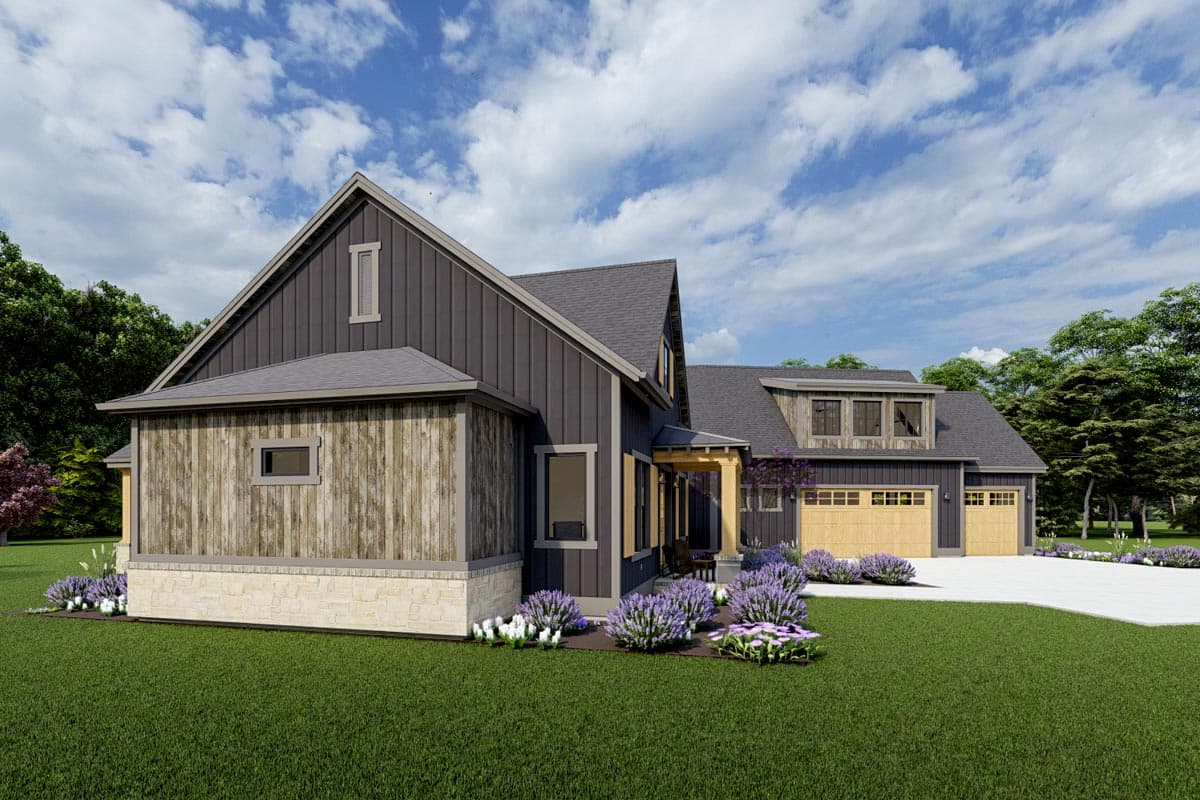 House plan exterior: Modern Farmhouse style with dark vertical siding, stone base, wood accents, gabled roof, and three-car garage.