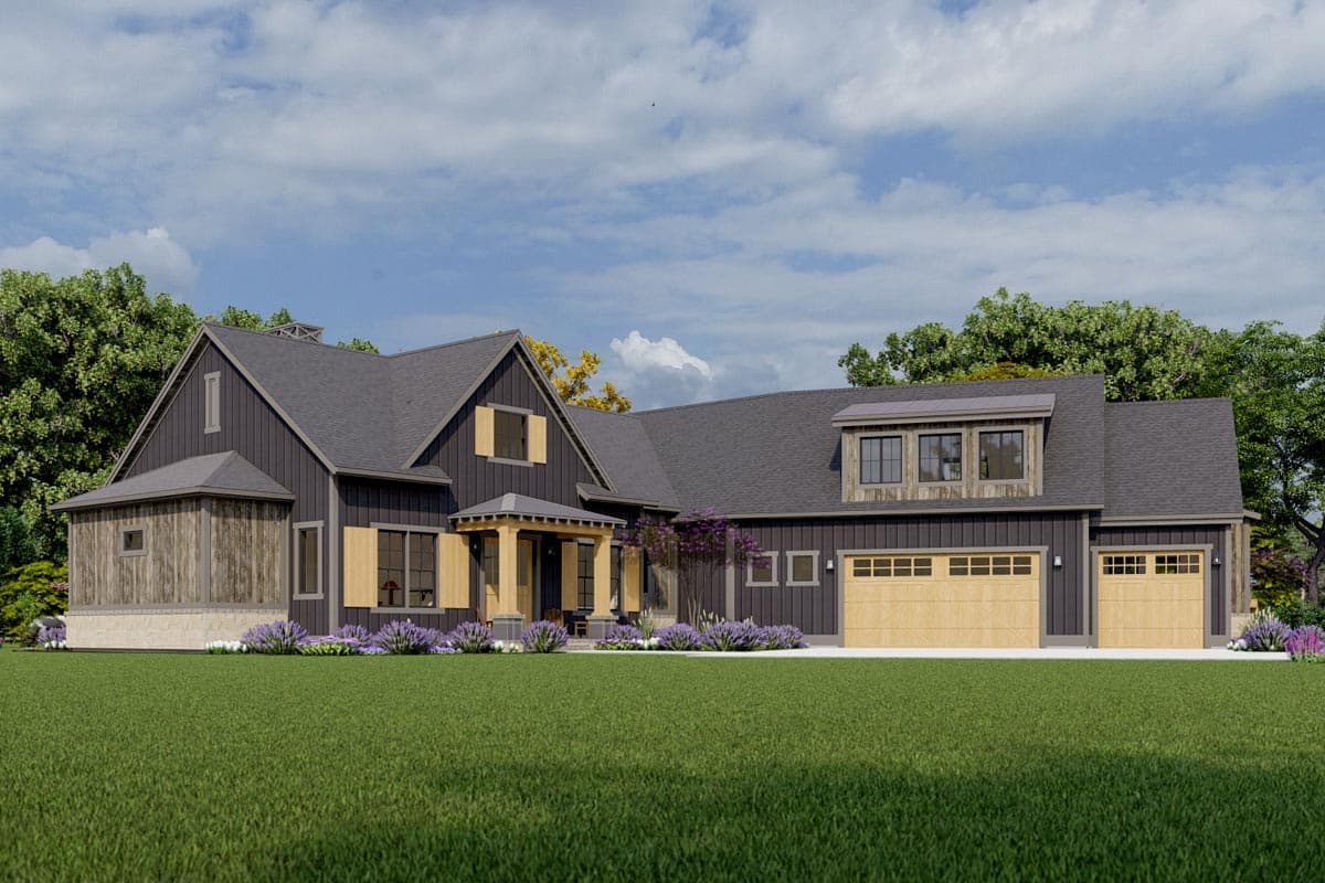 Modern farmhouse house plan exterior, two stories, dark siding, wood accents, covered front porch, and three-car garage.