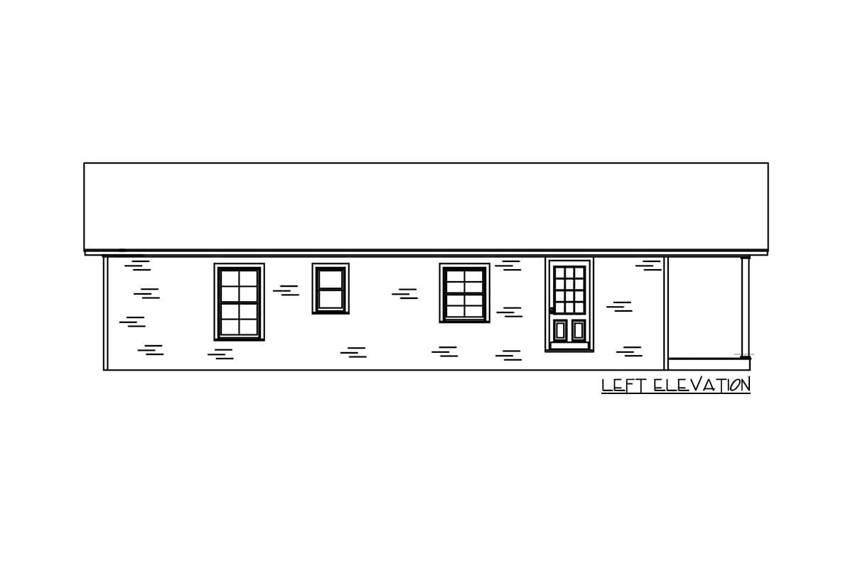 Left elevation drawing of a single-story house with three windows, a front door, and a covered porch.