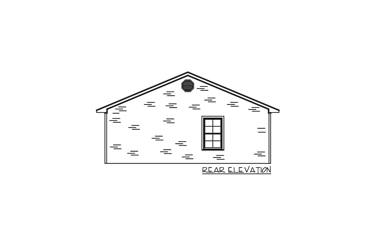 Rear elevation drawing of a single-story house with a gable roof, one window, and a vent.
