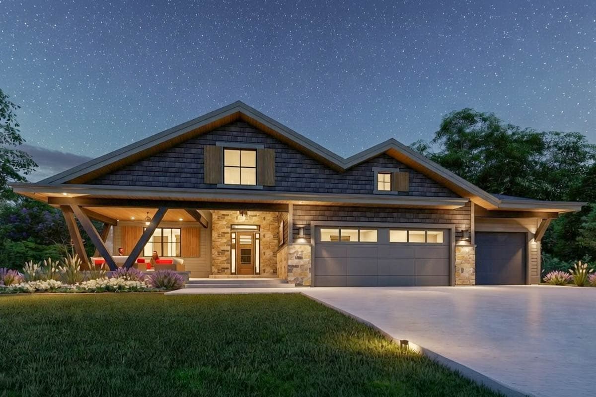 Plan 64528SC: One-story Shingle-and-stone House Plan with Unique Angled Post Front Porch - Image #12 - Bungalow, Craftsman, Prairie, Ranch