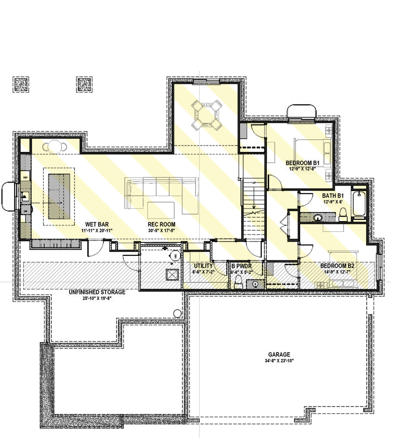 Plan 64528SC: One-story Shingle-and-stone House Plan with Unique Angled Post Front Porch - Floor Plan - Optionally Finished Lower Level - Bungalow, Craftsman, Prairie, Ranch