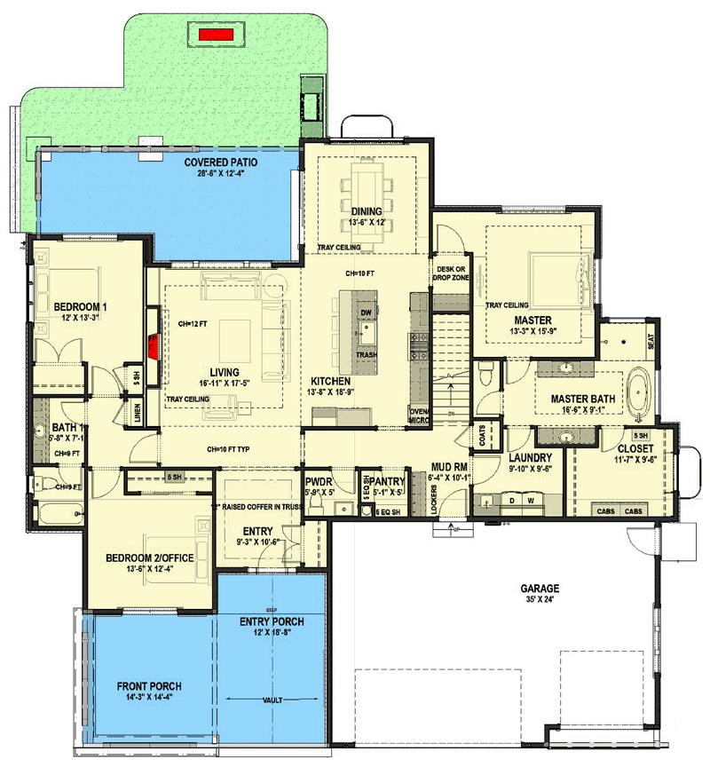 Plan 64528SC: One-story Shingle-and-stone House Plan with Unique Angled Post Front Porch - Floor Plan - Main Level - Bungalow, Craftsman, Prairie, Ranch