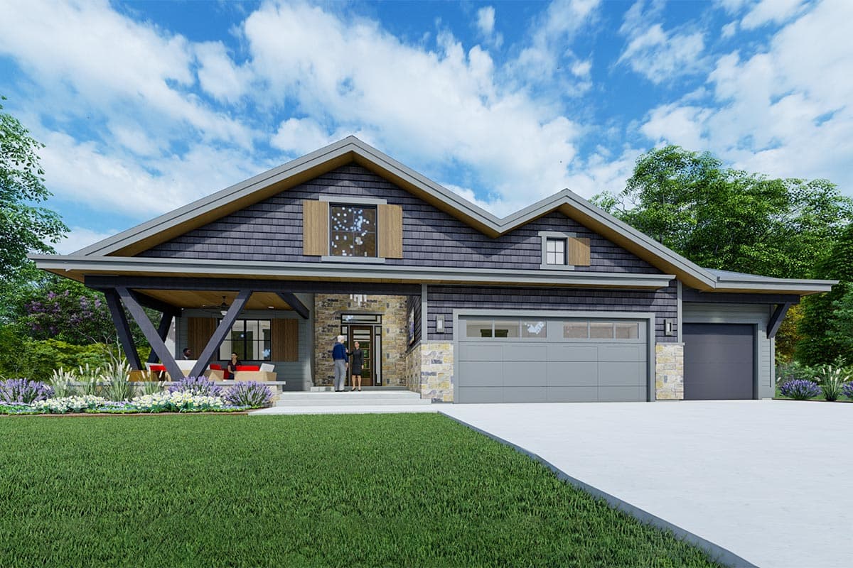 House plan exterior with Craftsman style. Features include a covered porch with angled supports, gabled roof, and two-car garage.