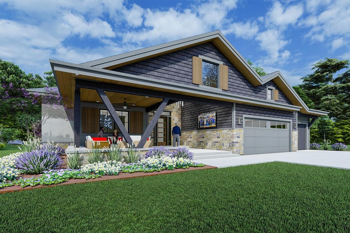 House plan exterior: Modern style with a covered front porch, stone accent siding, and a two-car garage.