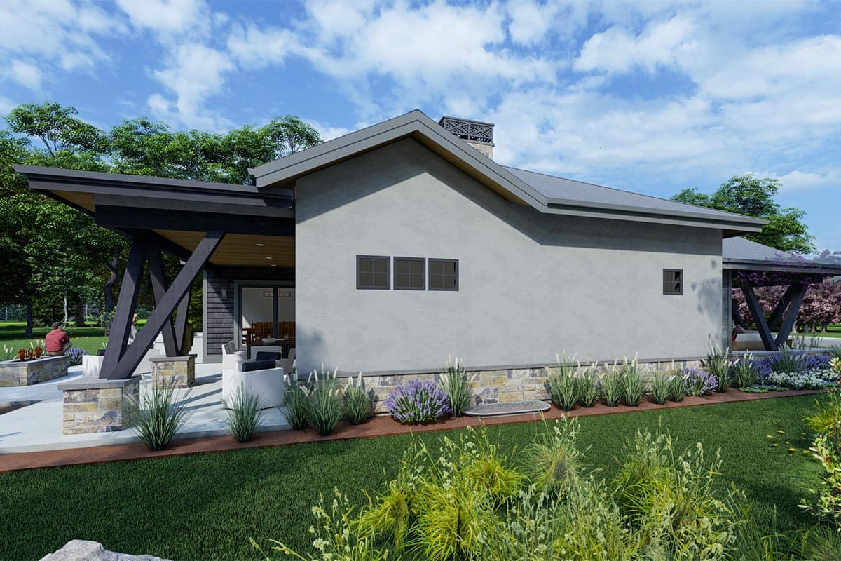 Modern house plan exterior with a covered patio, stone base, stucco walls, and a prominent gabled roofline with chimney.