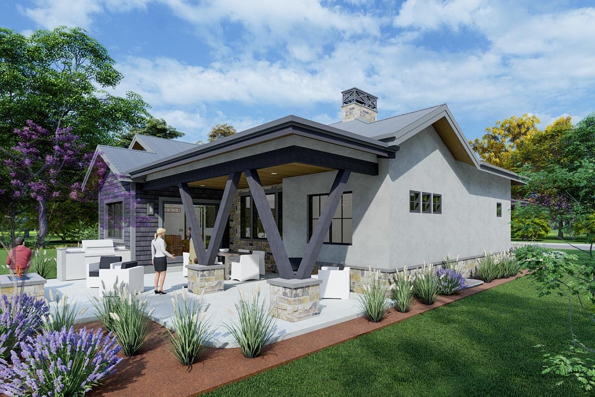 Modern ranch house plan exterior featuring a covered patio with exposed beams, stone accents, and a gabled roofline.