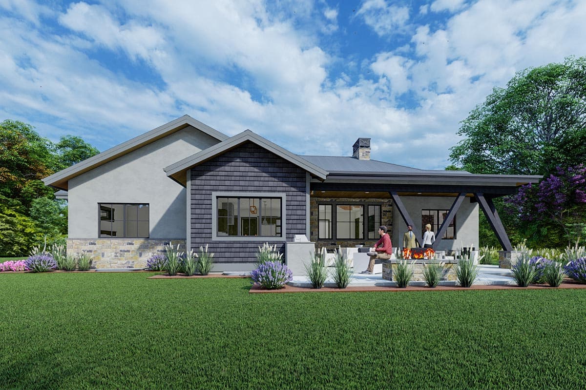 Modern house plan exterior with stone base, shingle gable, covered patio, and outdoor fireplace. One story.