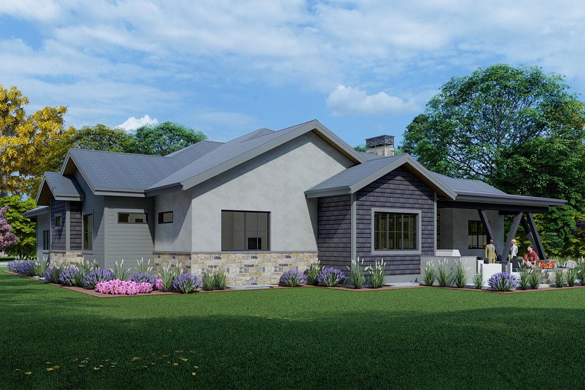 House plan exterior: Modern style, one story, stone and shingle siding, gabled roof, covered porch with outdoor kitchen.
